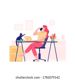 Working at home, freelance concept. Female freelancer working on laptop sitting on the sofa in the room, from home. Vector flat style illustration of woman self employed.