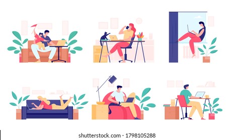 Working at home, freelance concept. Female and male freelancer working on laptop sitting in the room, from home. Vector flat style illustration of people self employed.