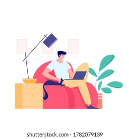 Working at home, freelance concept. Male freelancer working on laptop sitting on the sofa in the room, from home. Vector flat style illustration of man self employed.