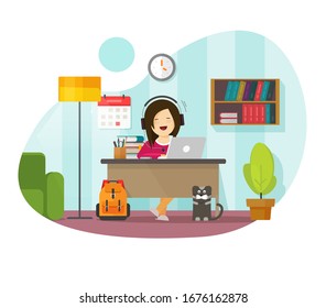 Working from home freelancer person sitting on table desk or girl character distance remote learning and studying online on laptop computer workplace in house room vector flat cartoon illustration