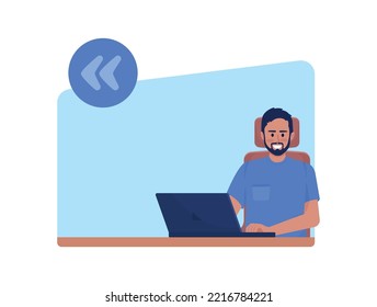 Working from home freelancer quote textbox with flat character. Flexible remote job. Man with laptop. Speech bubble with editable cartoon illustration. Creative quotation isolated on white background