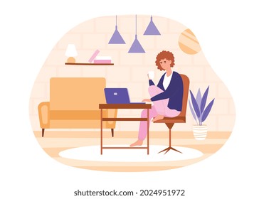 Working at home. Freelancer sits at table in his apartment and makes money online. Young girl works at laptop. Distance learning. Cartoon flat vector illustration isolated on white background