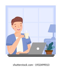 Working at home, freelancer work on laptop or computer. Man drinking cup of coffee at house. Online carrier, distance work, online learning and coworking space concept. Flat illustration Vector.