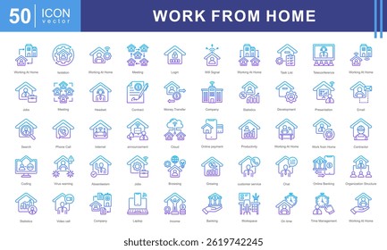 Von Home-Symbol-Kollektionssatz arbeiten Mit Fernarbeit, Arbeit online, freiberuflich, Home Office, Digital Nomad, Portfolio und mehr. Arbeiten von Home Icons Sammlung.