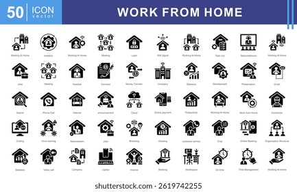 Trabajando desde el hogar icono conjunto de colección. Contiene trabajo remoto, trabajo en línea, trabajo independiente, oficina en casa, nómada digital, Cartera y más. trabajando desde la colección de iconos del hogar.