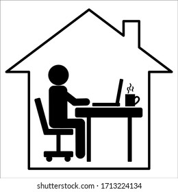 Trabajar desde el icono del hogar sin problemas. Tecnología de oficina en el hogar, trabajo remoto, independiente, concepto de trabajo en línea. 
Silhouette de un hombre que trabaja en una laptop en una casa. Ilustración vectorial aislada. EPS 10