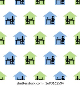 Working from home icon seamless pattern. Home office technology, remote work, freelance, online job concept. Silhouette of a man working at laptop in a green and blue house. Vector illustration