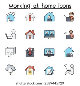 Working at home icon set color line style