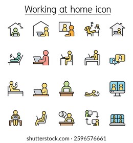 Working at home icon set in color line style