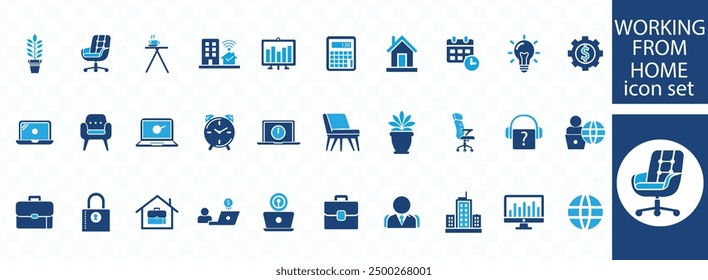 Working from home icon set. Containing remote work, work online, freelancing, home office, digital nomad, portfolio and more. Solid vector icons