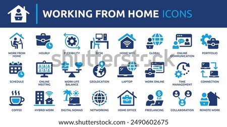 Working from home icon set. Containing remote work, work online, freelancing, home office, digital nomad, portfolio and more. Solid vector icons collection.