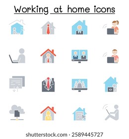 Working at home icon set in flat color style