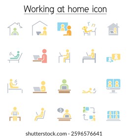 Working at home icon set in flat color style