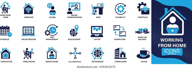 Working from home icon set remote work, work online, freelancing, home office, You can easily change the color