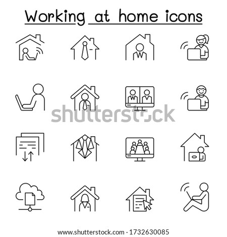 Working at home icon set in thin line style