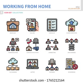 working from home icon set,filled outline style,vector and illustration