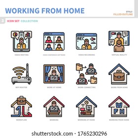 working from home icon set,filled outline style,vector and illustration