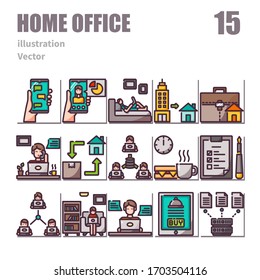 Working From Home icons set, color symbol, vector and illustration set 2