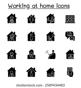 Working at home icons set in glyph style