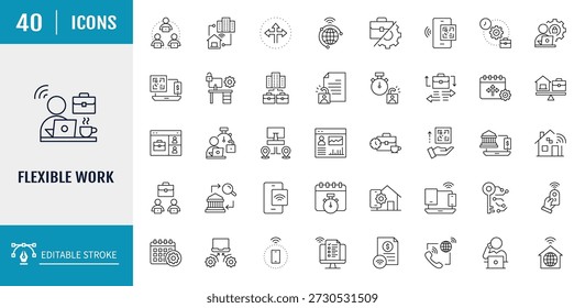 Trabajando desde casa Conjunto de iconos. Incluye freelancer, trabajo remoto, coworking, conferencia y más. Ilustración vectorial con trazos editables