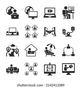 Working from home icons set. Workers work from off-site workspace at their laptops and computers. Working remotely. Monochrome black and white icon.