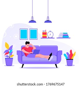 Working at home illustration concept. Young people working on laptops at home.