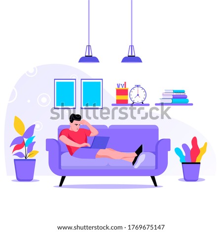 Working at home illustration concept. Young people working on laptops at home.