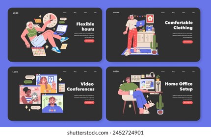 Working from Home illustration A quartet of vibrant panels illustrating the new norm: flexible scheduling, cozy attire, digital meetings, and tailored home office spaces Vector illustration