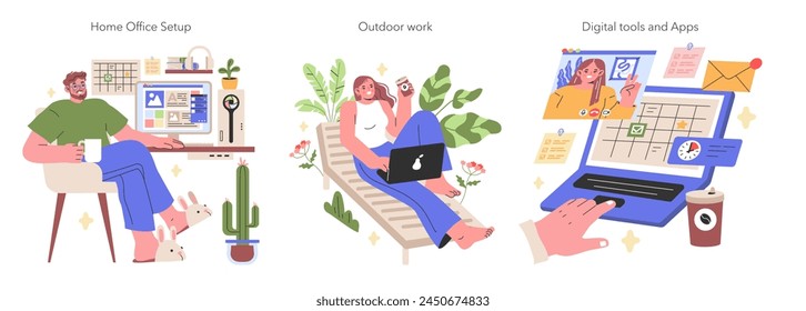 Working from Home illustration A seamless transition between indoor home office setup, tranquil outdoor work, and the use of digital tools and apps Vector illustration