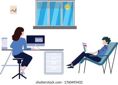 Working from home illustration sitting on chair and typing in front of computer