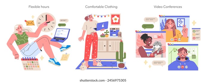 Working from Home illustration A triptych of at-home professionals enjoying flexible hours, casual attire, and virtual meetings The new workday redefined Vector illustration