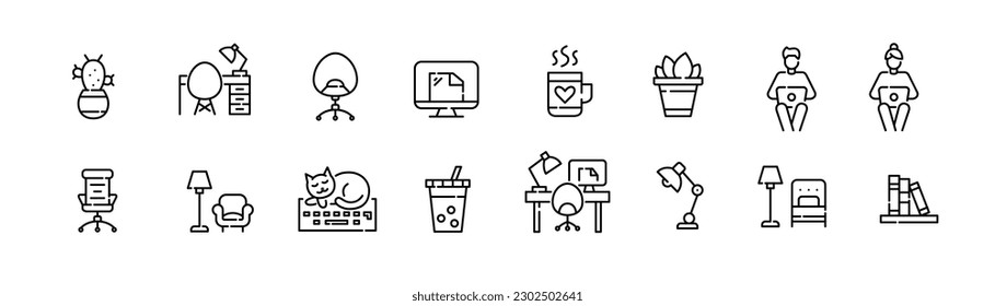 Working from home. Lamp, drink, plants in a pot and comfortable chairs. Pixel perfect, editable stroke icons set