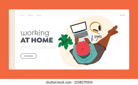 Working at Home Landing Page Template. Woman with Laptop, Headphones and Notebook, Sitting on Floor Top View. Female Character Freelancer, Office Worker or Student. Cartoon People Vector Illustration