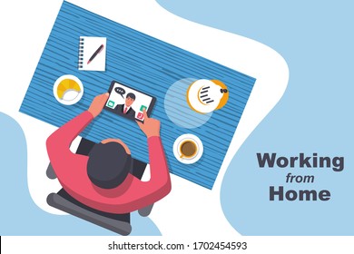 Working From Home. Landing page work remotely during quarantine. Coronavirus preventive measures, self-isolation concept. Vector flat design. Isolated on white background. Video chat with an employee.