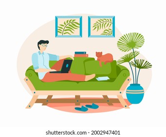 Working home with laptop on couch in boho interior. Man communicates online on green sofa with cat. Comfortable home office. Pot with room palm. Vector flat illustration