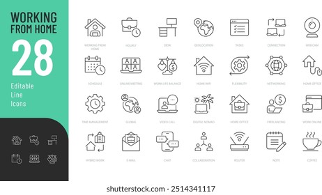 
Working from home Line Editable Icons set. Vector illustration in thin line modern style of remotely work related icons: freelance, location, outsource, and more. Isolated on white
