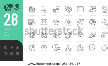 
Working from home Line Editable Icons set. Vector illustration in thin line modern style of remotely work related icons: freelance, location, outsource, and more. Isolated on white
