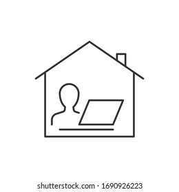 Trabajar desde icono lineal doméstico en fondo blanco