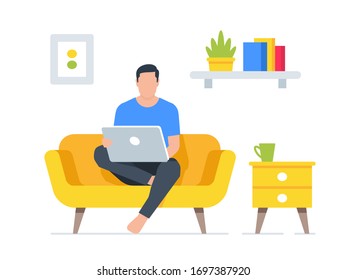Working at home. Man freelancer working on laptop. Flat Style