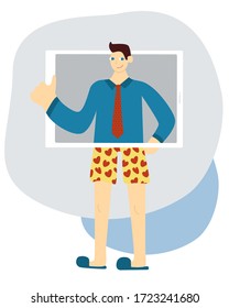 Working from home man. Remotely worker in business shirt and underwear. Freelancer vector illustration in funny cartoon style.