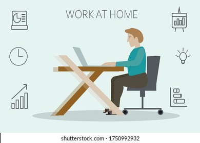 Working at home.
Man sitting at the computer and commercial icons.