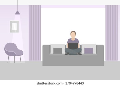 Working from home. Man sitting on couch with laptop. Vector illustration.