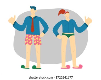 Working from home man and woman. Remotely workers in business shirts and underwear. Freelancers vector illustration in funny cartoon style.