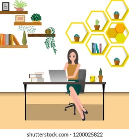 working at home; modern design concept workplace and working women with laptop.