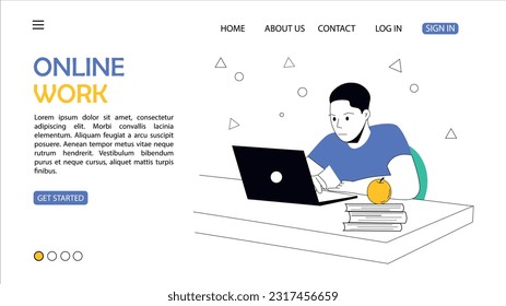 Working from home. Modern flat web page design template. A man work on laptop. Work process. Vector illustration for graphic, web design, business presentation, marketing.