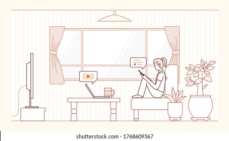 Working from home: new normal concept, stay at home, online learning, woman looking at phone while working on computer, vector illustration