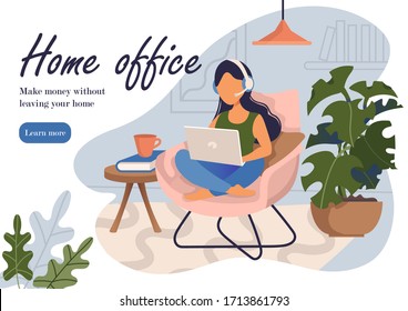 Working At Home. Nice Beautiful Young Woman Works On Laptop Sitting On The Armchair.The Freelance Person Works In The Comfortable Place. Flat Illustration.The Freelance Character Works In A Relaxed An