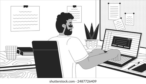 Working from home office black and white lofi wallpaper. Typing freelancer black man at laptop 2D outline cartoon flat illustration. Corporate job late night vector line lo fi aesthetic background