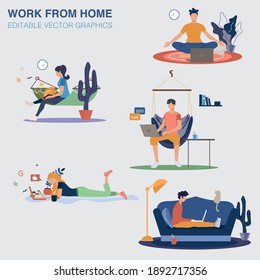 Working from home, home office concept vector illustration. Young people working from home with digital devices like computers, laptops and tablets during the lockdown.