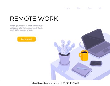 Working at Home Office. Desk in Room, laptor, notebook, flower in a pot, smartphone and cup of coffee. Home Office Concept. Flat Isometric Vector Illustration.